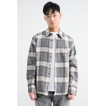 Camasa de bumbac cu model in carouri - Alb fildes/Gri inchis