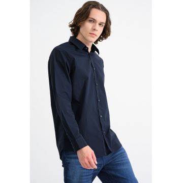 Camasa din amestec de bumbac cu guler clasic - Albastru ultramarin