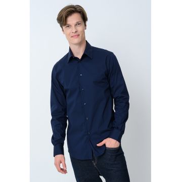 Camasa din amestec de bumbac cu guler clasic - Albastru ultramarin