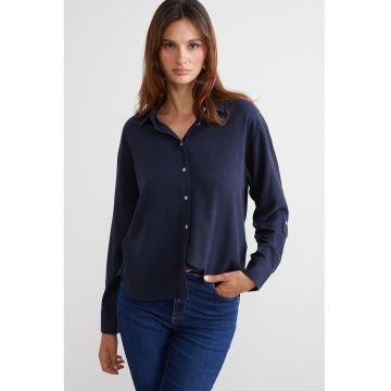 Camasa din amestec de in cu maneci lungi - Albastru indigo