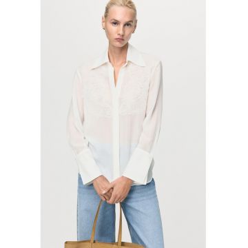 Camasa din amestec de lyocell cu broderie - Alb fildes