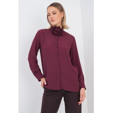 Camasa din amestec de matase cu detaliu floral - Violet tyrian