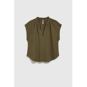 Camasa din bumbac cu decolteu in V culoarea maslinie - Verde