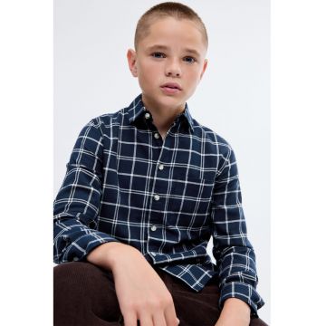 Camasa din bumbac cu model in carouri - Alb murdar/Bleumarin