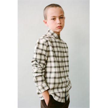 Camasa din bumbac cu model in carouri - Albastru inchis/Maro inchis/Bej deschis