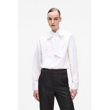 Camasa din bumbac organic cu model uni si decolteu cu funda din panglici - Alb optic