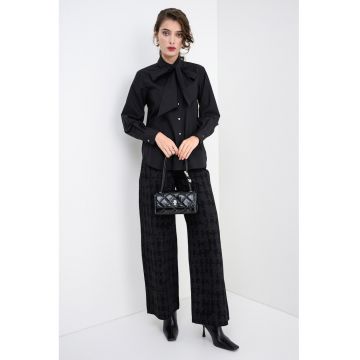 Camasa din bumbac organic cu model uni si decolteu cu funda din panglici - Negru