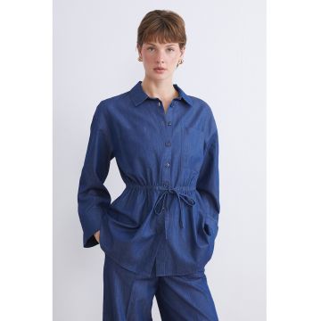 Camasa din denim cu cordon in talie - Albastru inchis