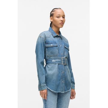 Camasa din denim cu o curea in talie - Albastru pastel