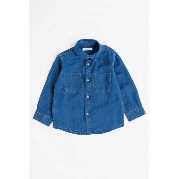 Camasa din denim si amestec de lyocell si buzunare pe piept - Bleumarin