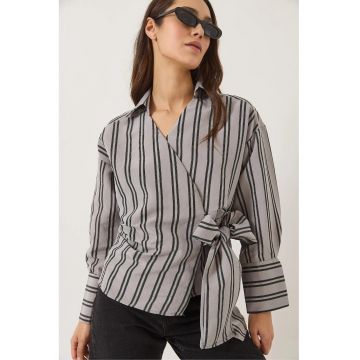 Camasa  din poplin - cu dungi si funda - gri - textil