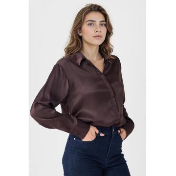 Camasa din satin cu maneci lungi - Maro cognac