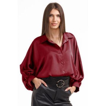 Camasa eleganta din satin, cu maneci bufante, bordo Camasa eleganta din satin, cu maneci bufante, bordo