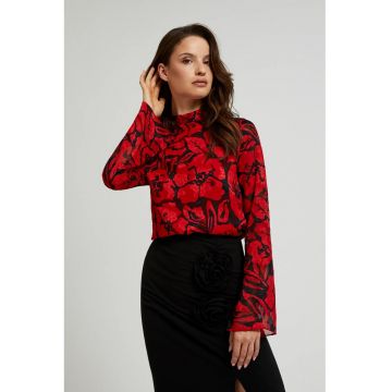 Camasa neagra cu model floral si maneci largi - Rosu
