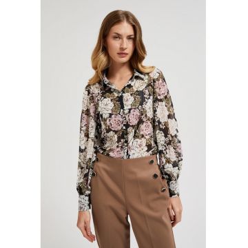 Camasa plisata cu model floral si maneci bufante - neagra - Negru