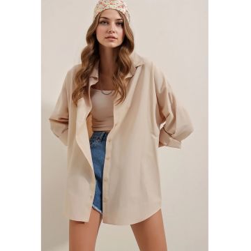 Camasa supradimensionata -  cu maneca lunga - bumbac si poliester - Crema naturala -