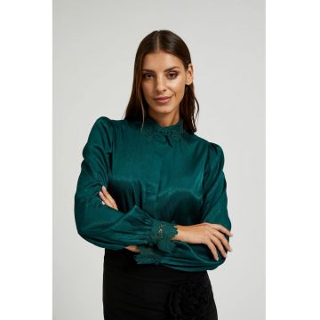 Camasa verde cu dantela la mansete si guler - Verde inchis