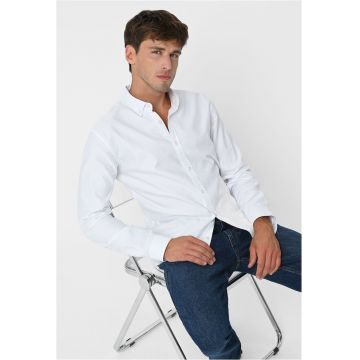 Camasa barbateasca din bumbac cu guler fixat cu nasturi - Slim Fit -  K-Salix - Alba - Alb