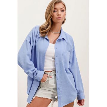 Camasa basic HiCCUP - detalii de buzunar - albastru - amestec de in