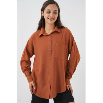 Camasa basic HiCCUP din amestec de in - detalii de buzunar - caramiziu