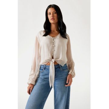 Camasa crop din amestec de matase cu prinderi frontale