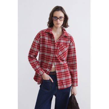 Camasa cu buzunar aplicat si model in carouri - Alb/Rosu inchis