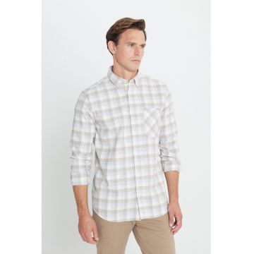 Camasa cu buzunar aplicat si model in carouri - Bej/Alb murdar/Albastru deschis