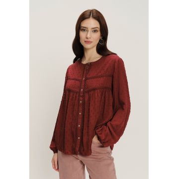 Camasa cu decolteu la baza gatului si maneci bufante - Rosu inchis