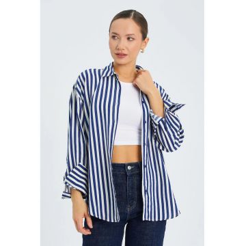 Camasa -  cu maneca lunga - dungi - albastru marin - textil