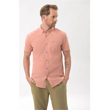 Camasa cu maneci scurte  C-Lin pentru barbati - din bumbac si in - Roz - Regular Fit