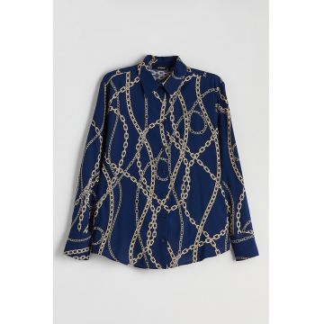 Camasa cu model si mansete cu nasturi - Maro/Bleumarin