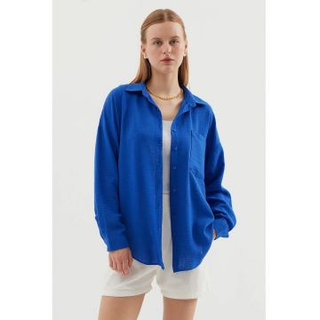 Camasa dama -  basic - detalii la buzunare - albastru marocan - textil -