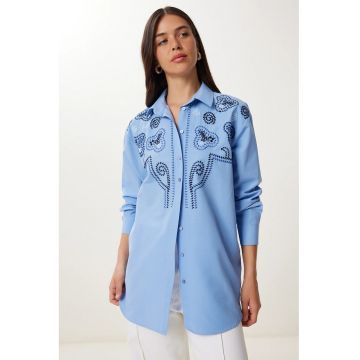 Camasa dama - brodata - cu nasturi - Happiness Istanbul - Albastru - textil