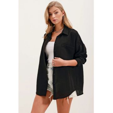 Camasa dama -  camasa basic cu detalii de buzunar - negru - textil