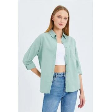 Camasa dama -  camasa cu maneca lunga - buzunar - verde salvie - textil - Verde salvie