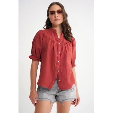 Camasa dama -  camasa cu maneca scurta - rosu caramiziu - amestec de in