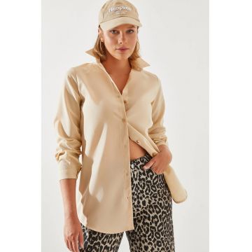Camasa dama -  camasa cu nasturi din poplin - bej - bumbac - Piatra Naturala