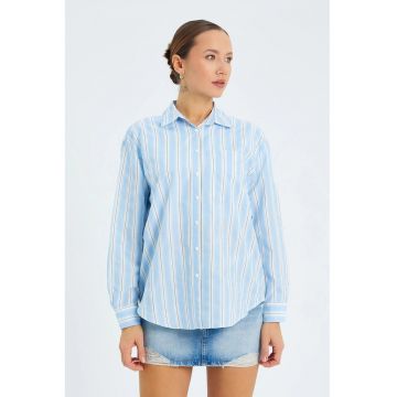 Camasa dama -  camasa din poplin cu dungi - croiala lejera - albastru maya - textil