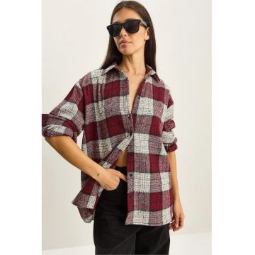 Camasa dama -  camasa din poplin in carouri - relaxata - rosu burgund - textil -