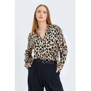 Camasa dama -  camasa din satin cu imprimeu leopard - bej natural - textil