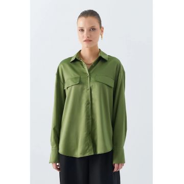 Camasa dama -  camasa din satin - detaliu buzunar - verde kaki - textil