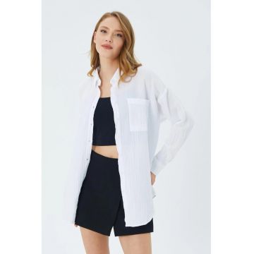 Camasa dama -  camasa oversize - detaliu buzunar - alb - textil