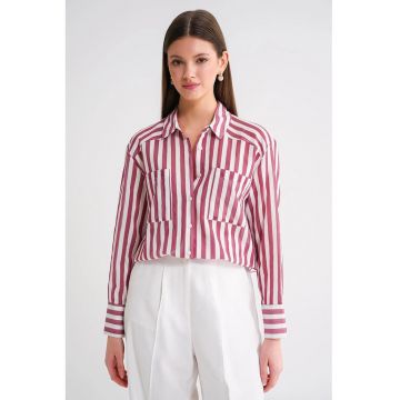 Camasa dama -  camasa poplin cu dungi - rosu burgundi - bumbac