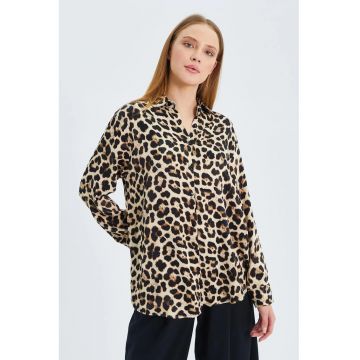 Camasa dama -  camasa poplin cu imprimeu leopard - bej natural - textil