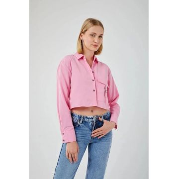 Camasa dama -  camasa scurta - roz magenta - detaliu buzunar