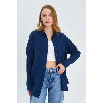 Camasa dama -  camasa supradimensionata - albastru marin - textil