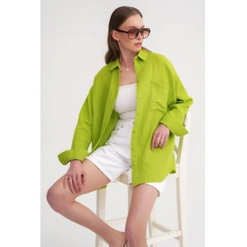 Camasa dama -  camasa supradimensionata - detaliu buzunar - verde lime - textil
