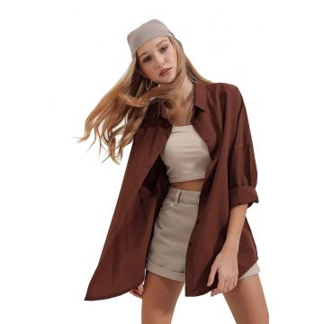 Camasa dama -  camasa supradimensionata - maneca lunga - culoare maro - bumbac -