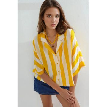 Camasa dama  croiala relaxata - dungi - galben lamaie/alb - textil