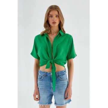 Camasa dama  crop slim fit - decolteu in V - verde - textil